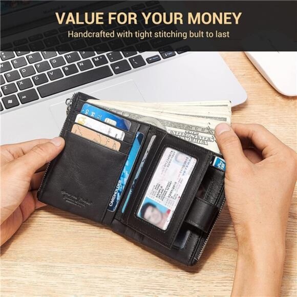 Chain Wallets RFID Wallets for Men Genuine Leather Wallet Zipper Bifold - Picture 6 of 7